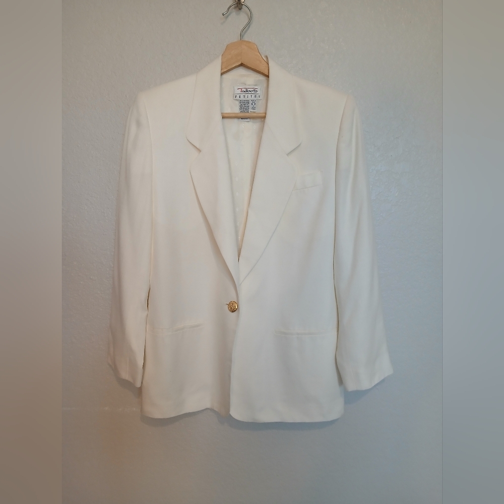 Talbots White Ivory Cream Twill Linen Blend Single-Button Tailored Blazer Jacket